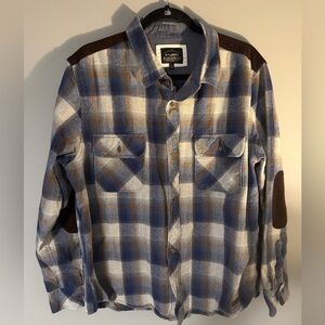 Blackwell Trading Co Blue and Brown Plaid Cotton Flannel Shirt w/ elbow patches!